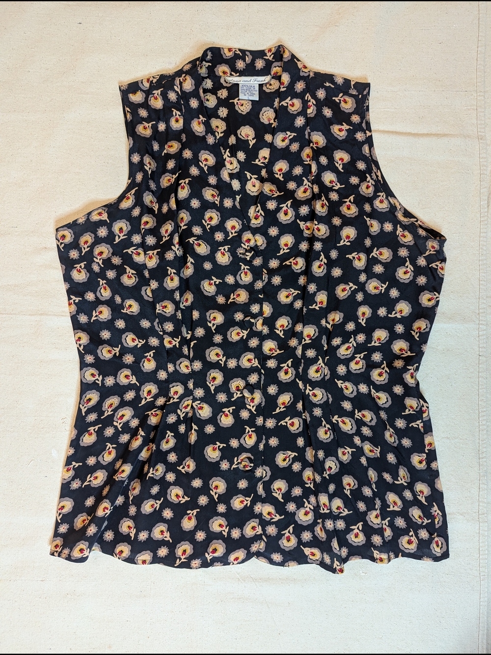 Anna And Frank Navy Silk Floral Sleeveless Button-Front Blouse - Picture 6 of 12
